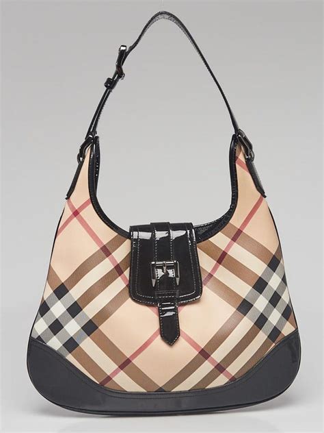 BURBERRY Patent Nova Check Brooke Hobo Black